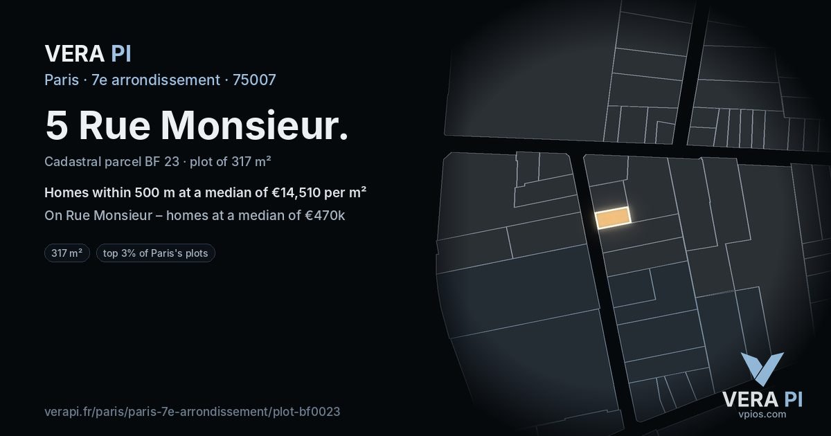 5 Rue Monsieur, 7e arrondissement at night – the plot lit, the parcels around coloured by the prices near them