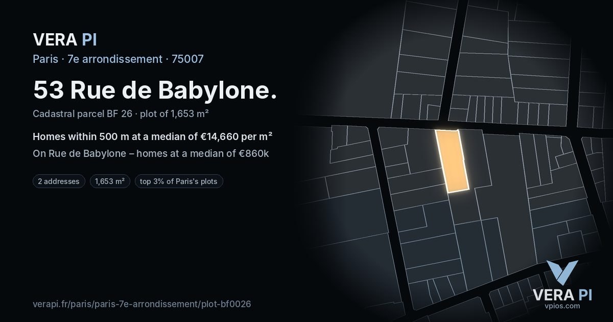 53 Rue de Babylone, 7e arrondissement at night – the plot lit, the parcels around coloured by the prices near them