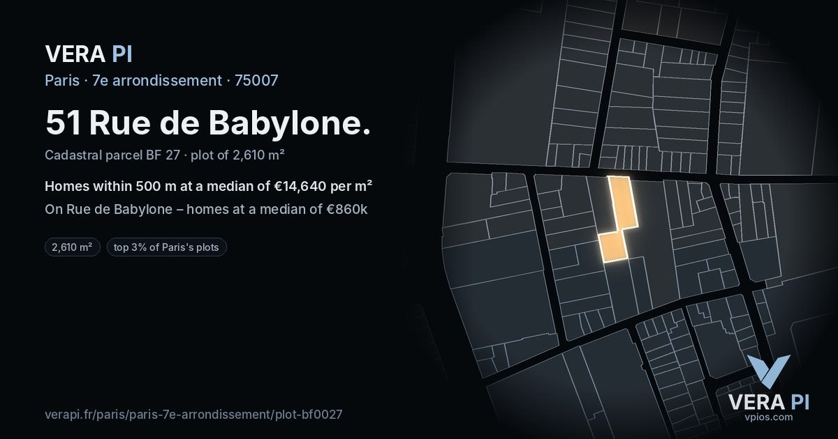 51 Rue de Babylone, 7e arrondissement at night – the plot lit, the parcels around coloured by the prices near them