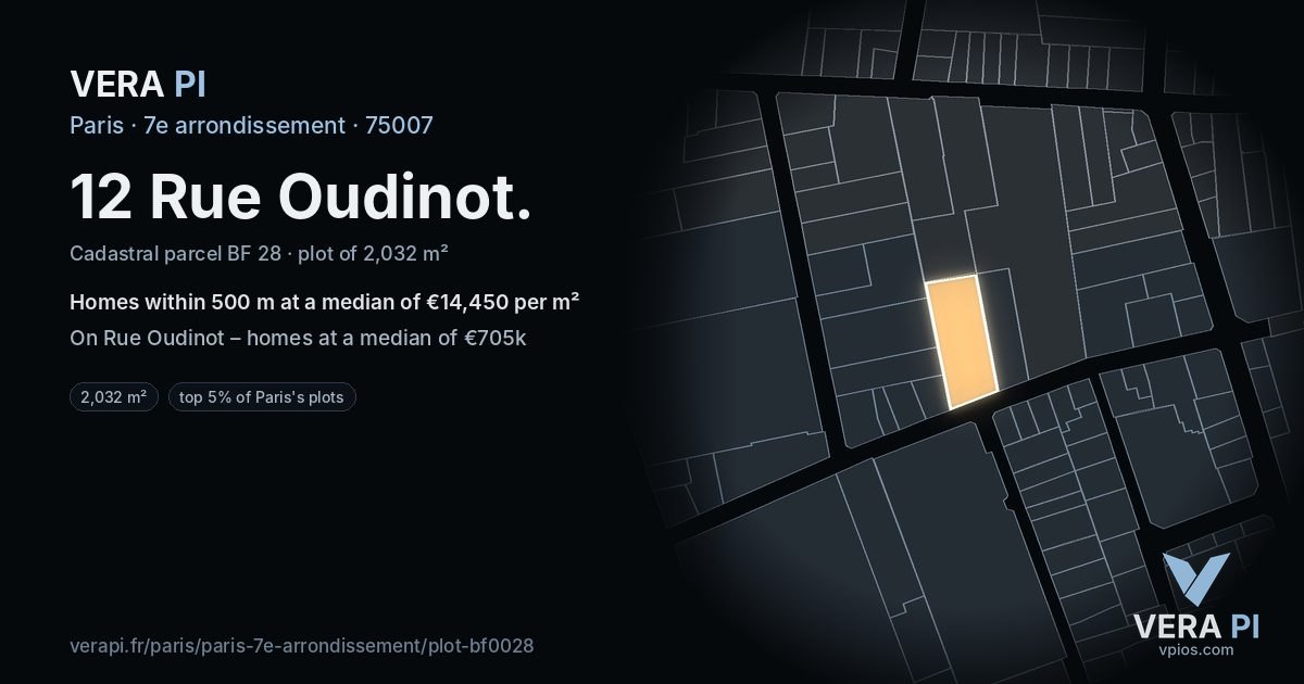 12 Rue Oudinot, 7e arrondissement at night – the plot lit, the parcels around coloured by the prices near them
