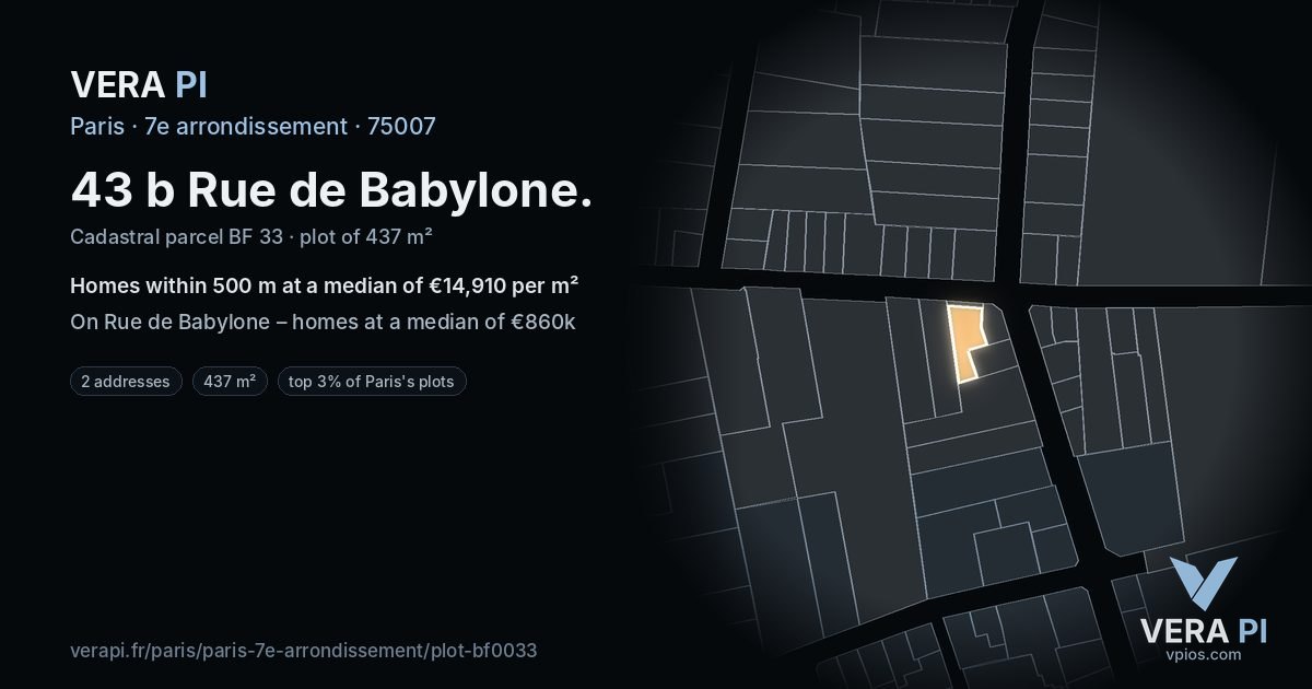 43 b Rue de Babylone, 7e arrondissement at night – the plot lit, the parcels around coloured by the prices near them