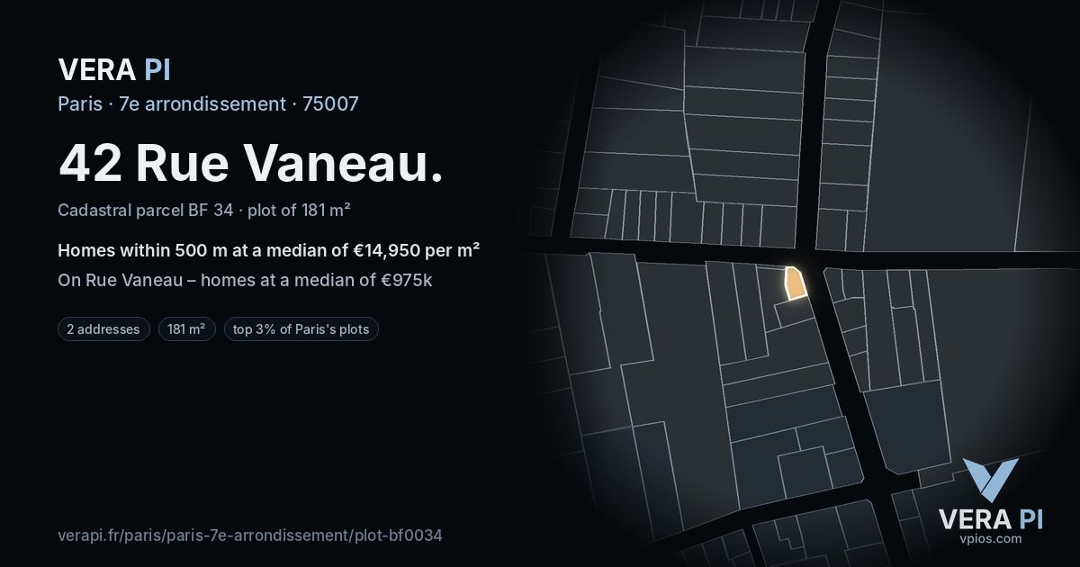 42 Rue Vaneau, 7e arrondissement at night – the plot lit, the parcels around coloured by the prices near them