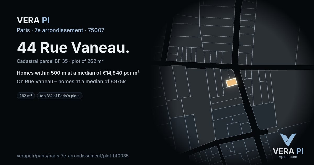 44 Rue Vaneau, 7e arrondissement at night – the plot lit, the parcels around coloured by the prices near them