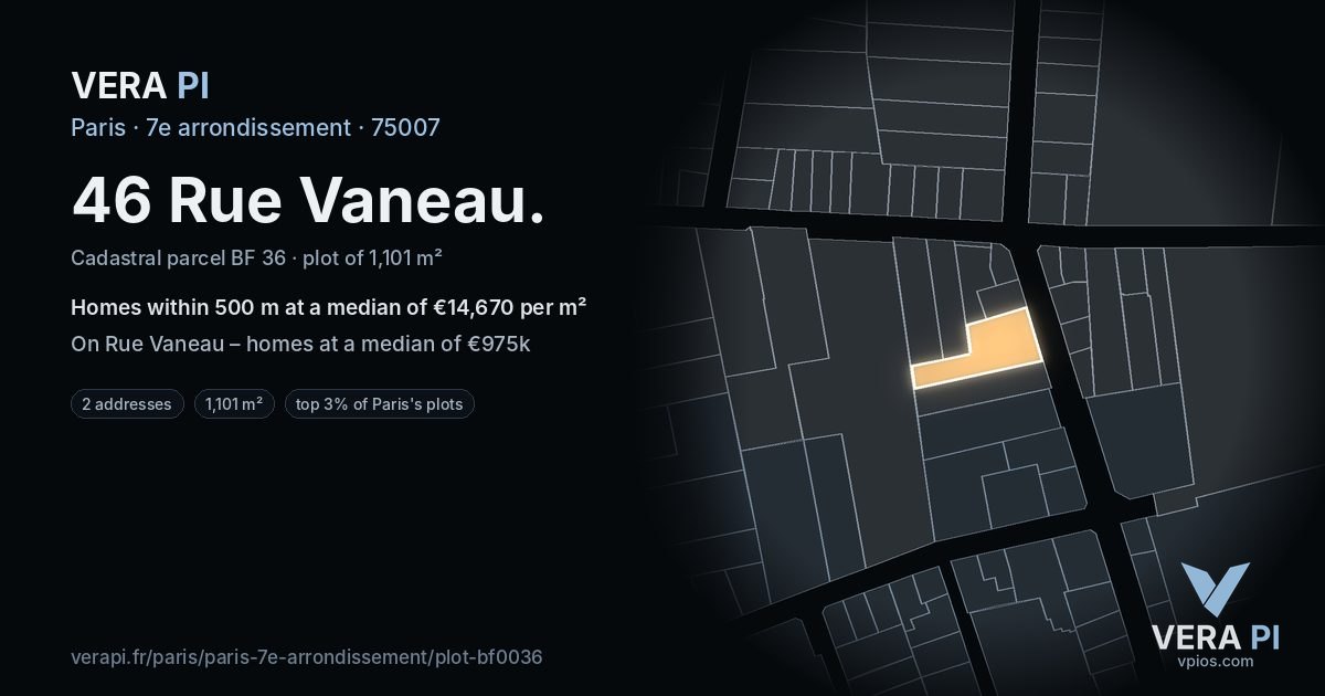 46 Rue Vaneau, 7e arrondissement at night – the plot lit, the parcels around coloured by the prices near them