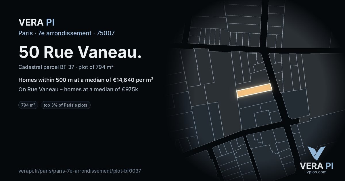 50 Rue Vaneau, 7e arrondissement at night – the plot lit, the parcels around coloured by the prices near them