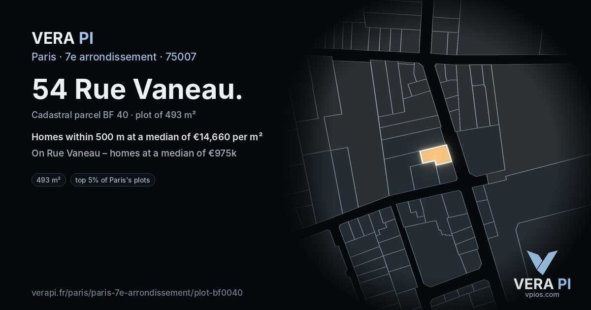 54 Rue Vaneau, 7e arrondissement at night – the plot lit, the parcels around coloured by the prices near them