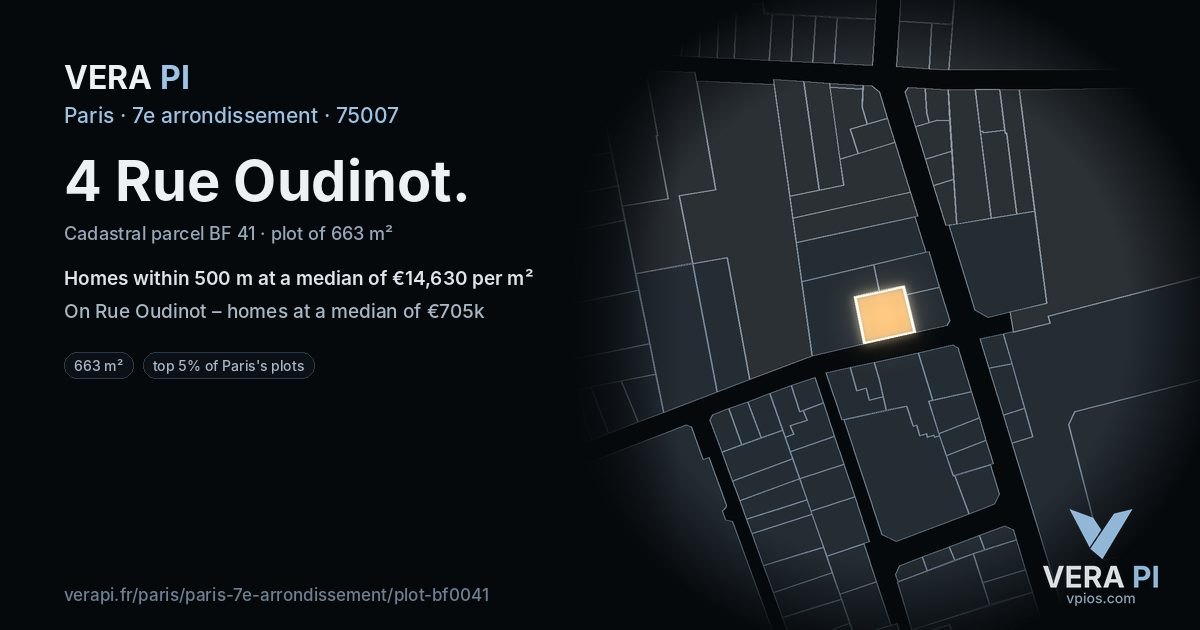 4 Rue Oudinot, 7e arrondissement at night – the plot lit, the parcels around coloured by the prices near them
