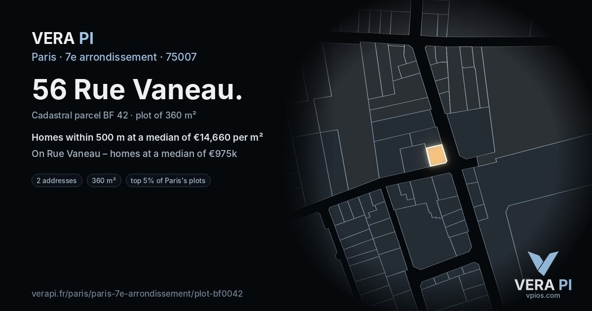 56 Rue Vaneau, 7e arrondissement at night – the plot lit, the parcels around coloured by the prices near them