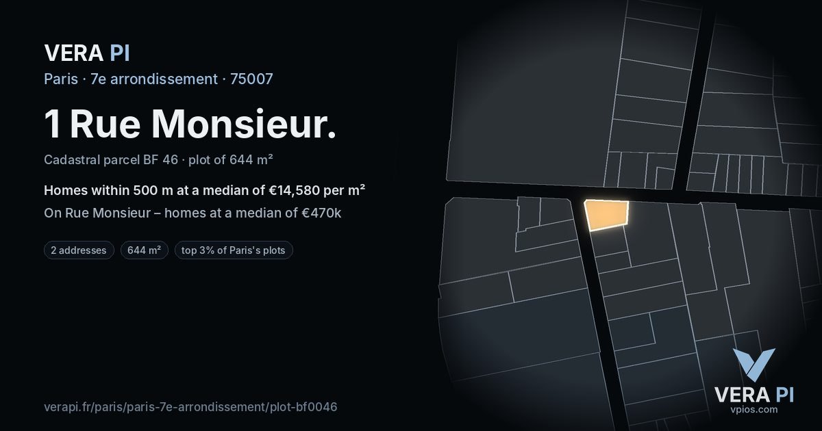 1 Rue Monsieur, 7e arrondissement at night – the plot lit, the parcels around coloured by the prices near them