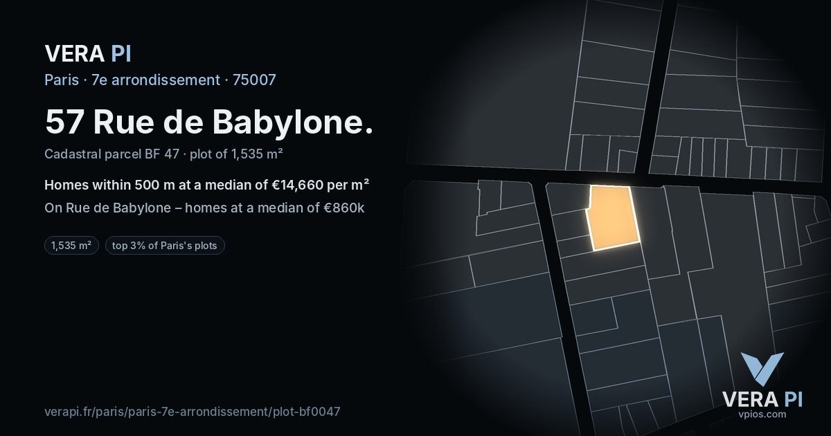57 Rue de Babylone, 7e arrondissement at night – the plot lit, the parcels around coloured by the prices near them