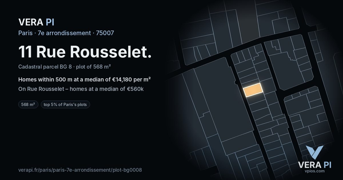 11 Rue Rousselet, 7e arrondissement at night – the plot lit, the parcels around coloured by the prices near them