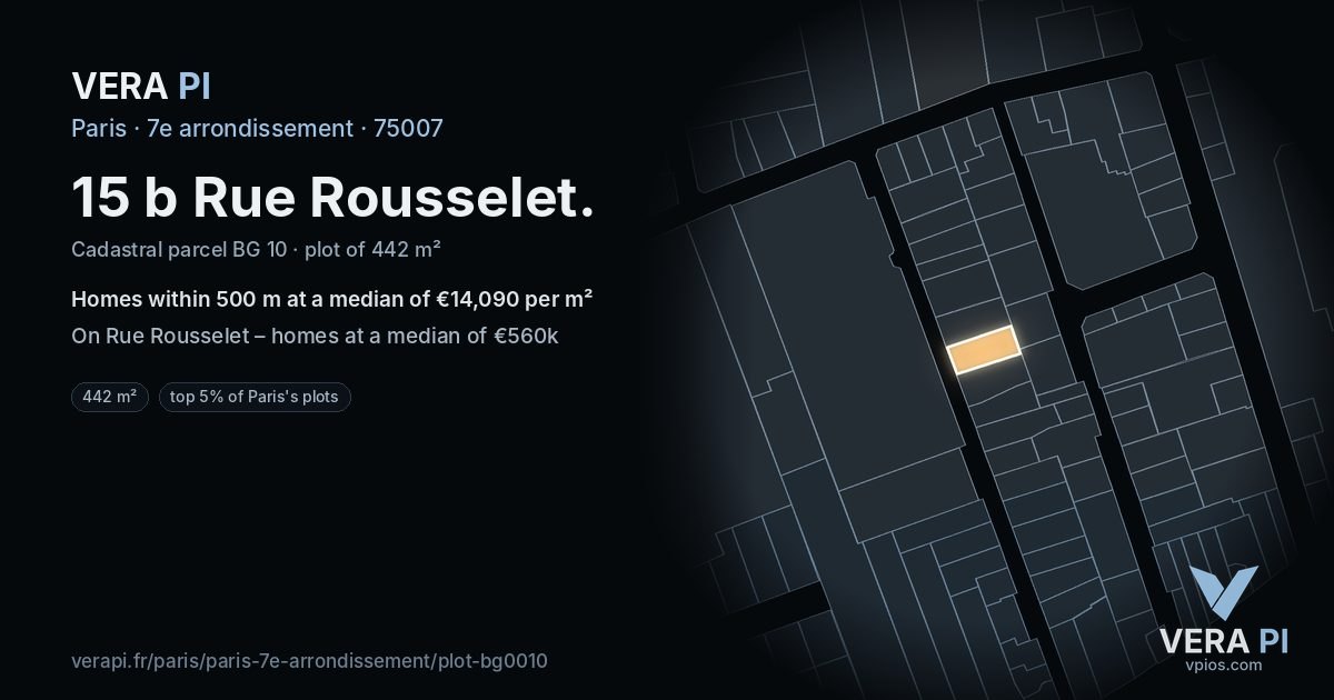 15 b Rue Rousselet, 7e arrondissement at night – the plot lit, the parcels around coloured by the prices near them