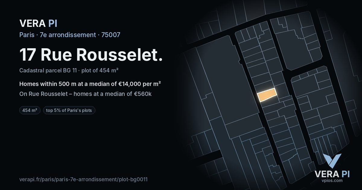 17 Rue Rousselet, 7e arrondissement at night – the plot lit, the parcels around coloured by the prices near them