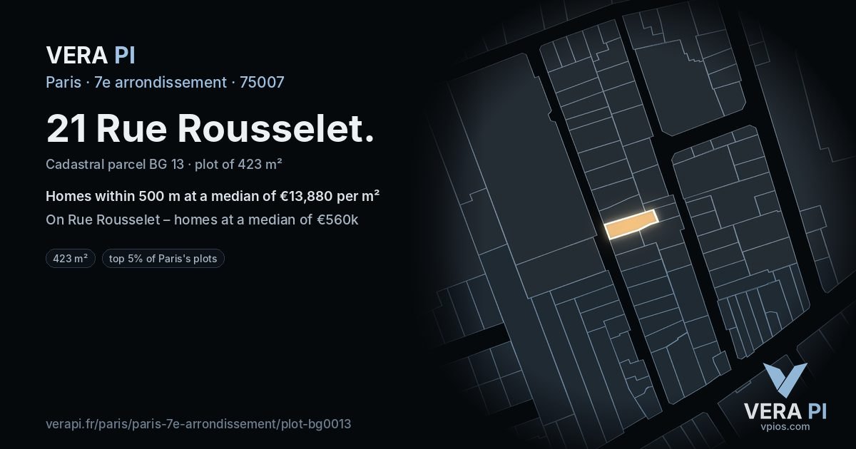 21 Rue Rousselet, 7e arrondissement at night – the plot lit, the parcels around coloured by the prices near them