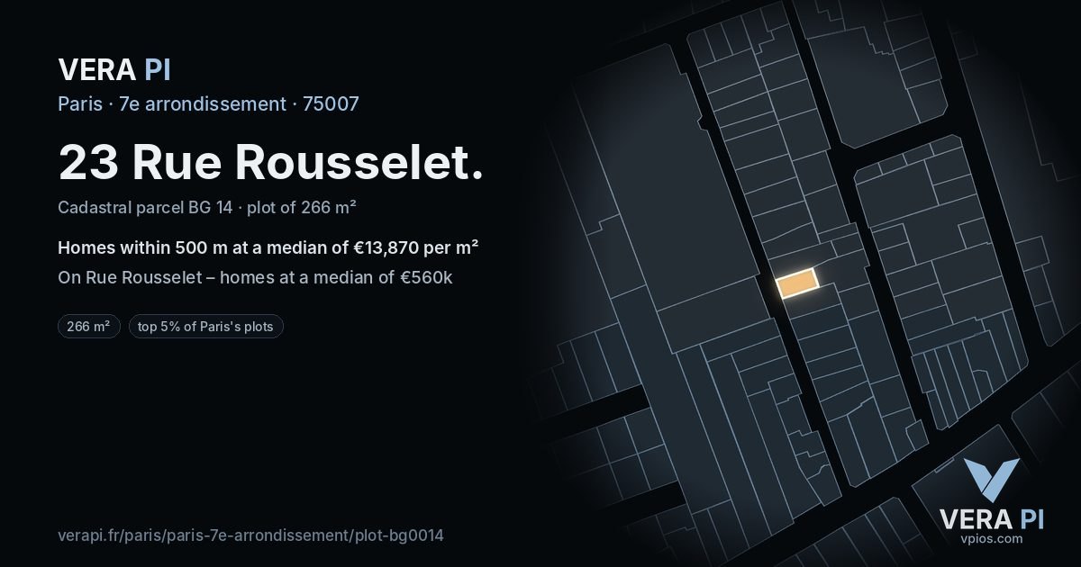 23 Rue Rousselet, 7e arrondissement at night – the plot lit, the parcels around coloured by the prices near them