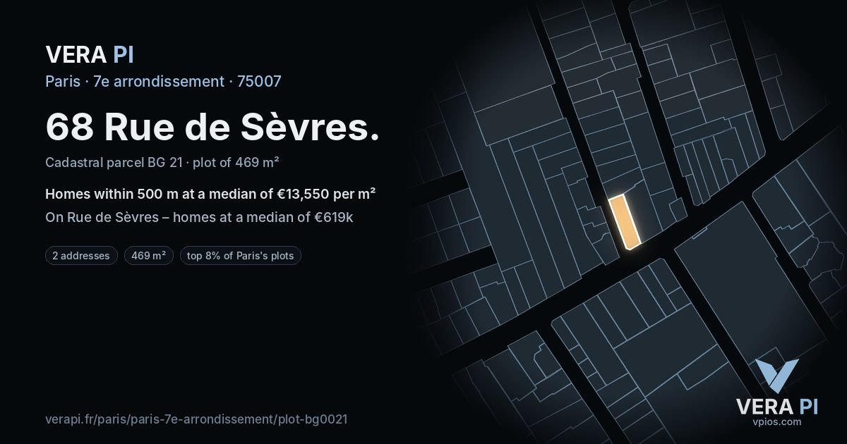 68 Rue de Sèvres, 7e arrondissement at night – the plot lit, the parcels around coloured by the prices near them