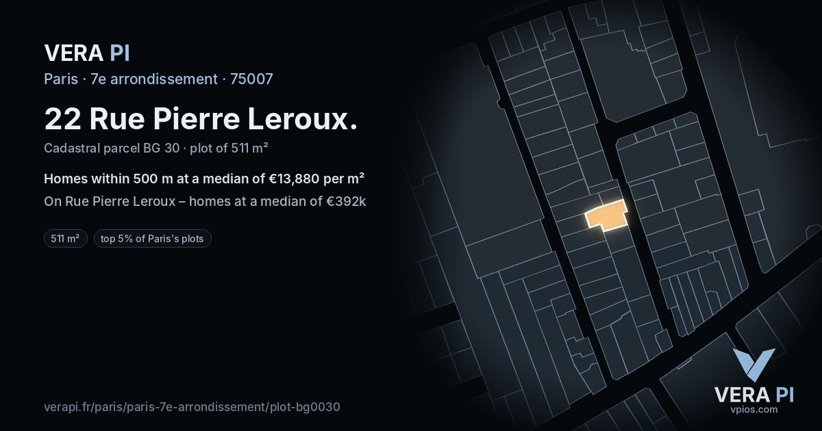 22 Rue Pierre Leroux, 7e arrondissement at night – the plot lit, the parcels around coloured by the prices near them