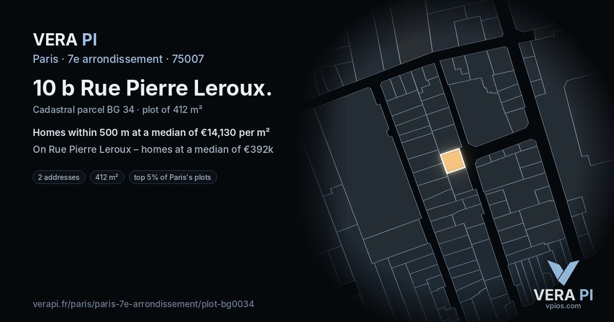 10 b Rue Pierre Leroux, 7e arrondissement at night – the plot lit, the parcels around coloured by the prices near them