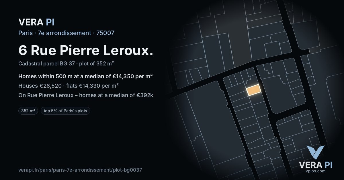 6 Rue Pierre Leroux, 7e arrondissement at night – the plot lit, the parcels around coloured by the prices near them