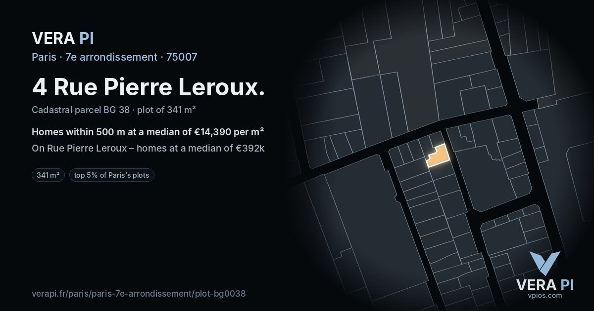 4 Rue Pierre Leroux, 7e arrondissement at night – the plot lit, the parcels around coloured by the prices near them