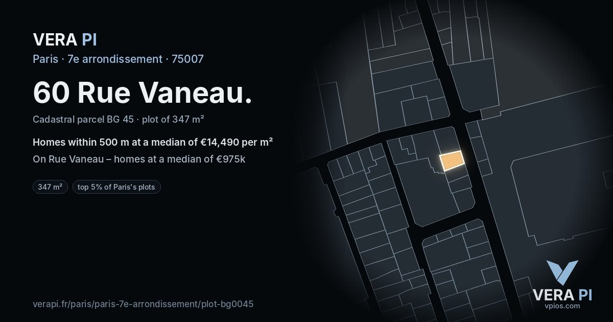 60 Rue Vaneau, 7e arrondissement at night – the plot lit, the parcels around coloured by the prices near them