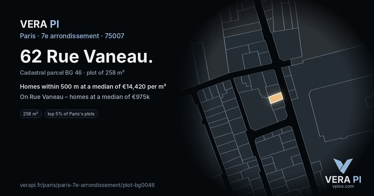62 Rue Vaneau, 7e arrondissement at night – the plot lit, the parcels around coloured by the prices near them