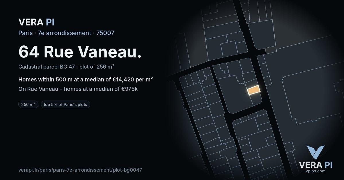 64 Rue Vaneau, 7e arrondissement at night – the plot lit, the parcels around coloured by the prices near them