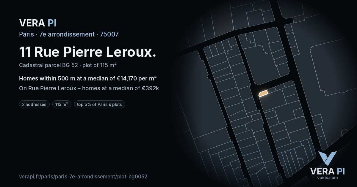 11 Rue Pierre Leroux, 7e arrondissement at night – the plot lit, the parcels around coloured by the prices near them