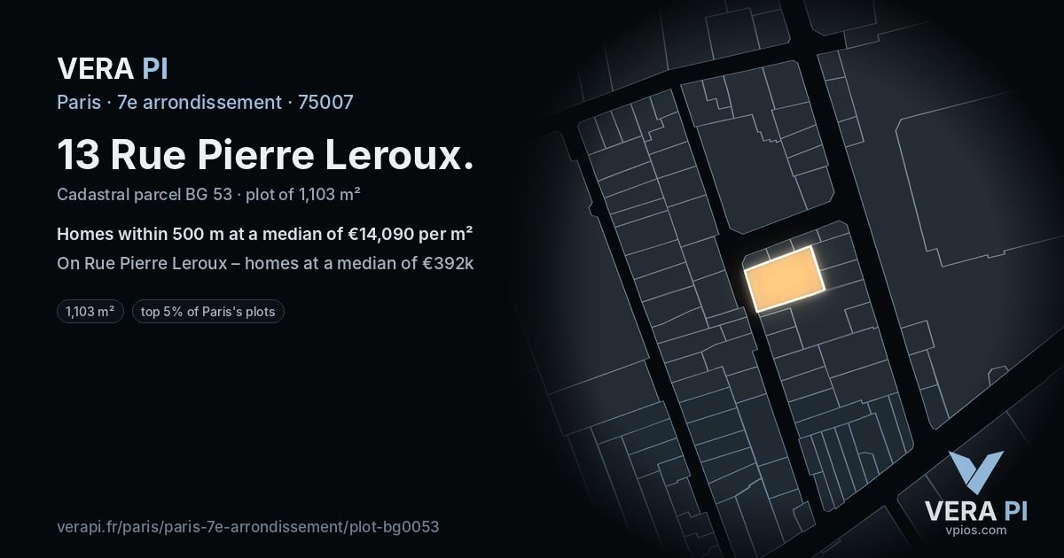 13 Rue Pierre Leroux, 7e arrondissement at night – the plot lit, the parcels around coloured by the prices near them
