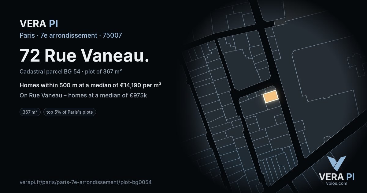 72 Rue Vaneau, 7e arrondissement at night – the plot lit, the parcels around coloured by the prices near them