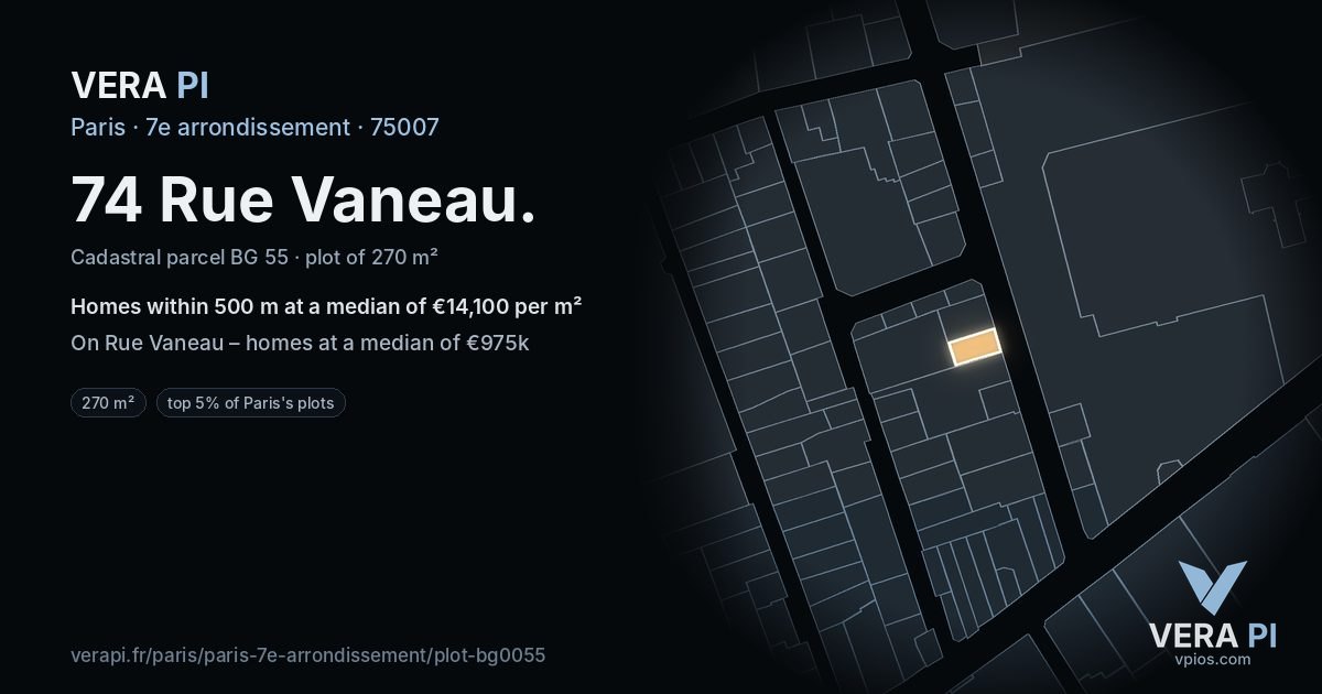 74 Rue Vaneau, 7e arrondissement at night – the plot lit, the parcels around coloured by the prices near them