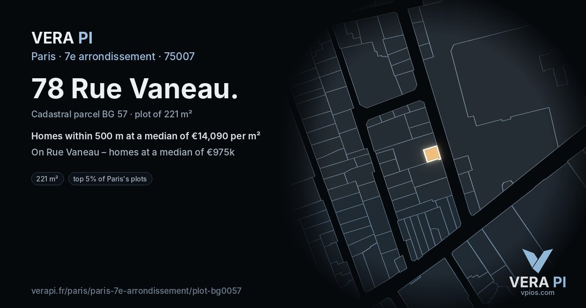 78 Rue Vaneau, 7e arrondissement at night – the plot lit, the parcels around coloured by the prices near them