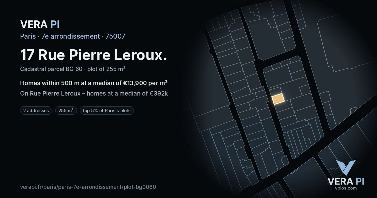 17 Rue Pierre Leroux, 7e arrondissement at night – the plot lit, the parcels around coloured by the prices near them