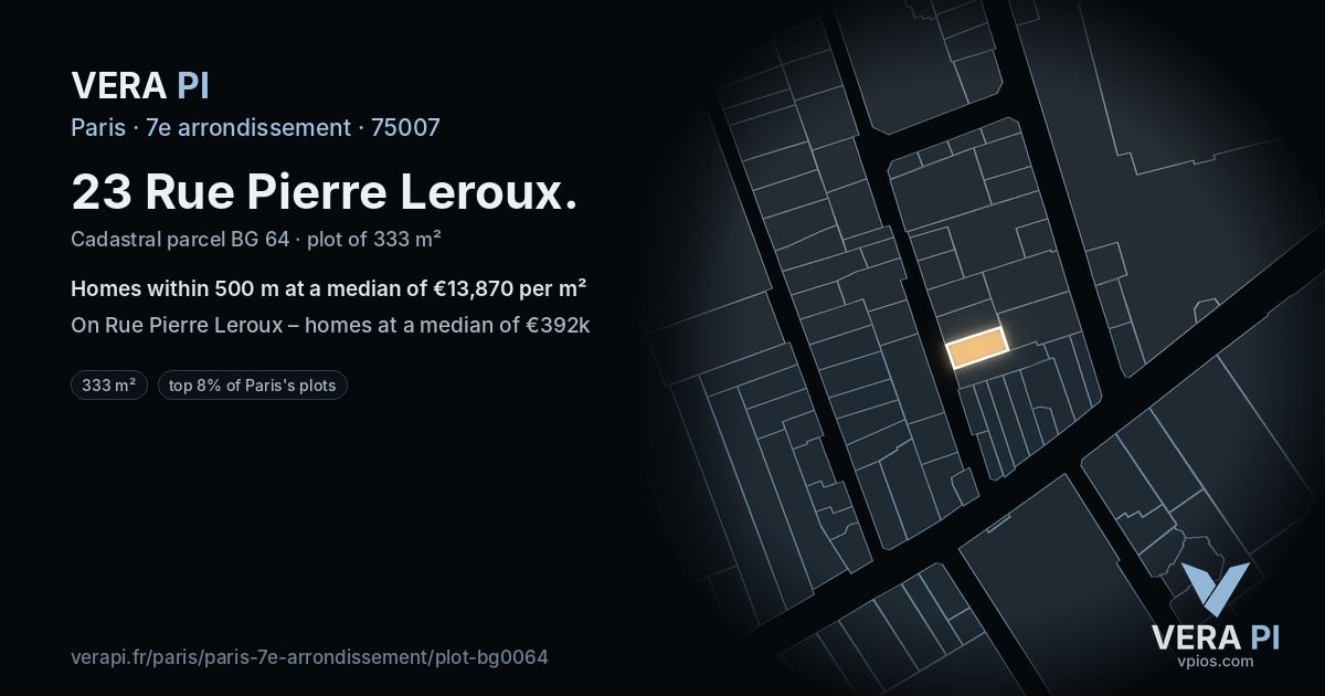 23 Rue Pierre Leroux, 7e arrondissement at night – the plot lit, the parcels around coloured by the prices near them