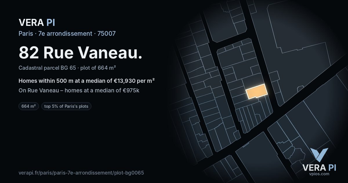82 Rue Vaneau, 7e arrondissement at night – the plot lit, the parcels around coloured by the prices near them