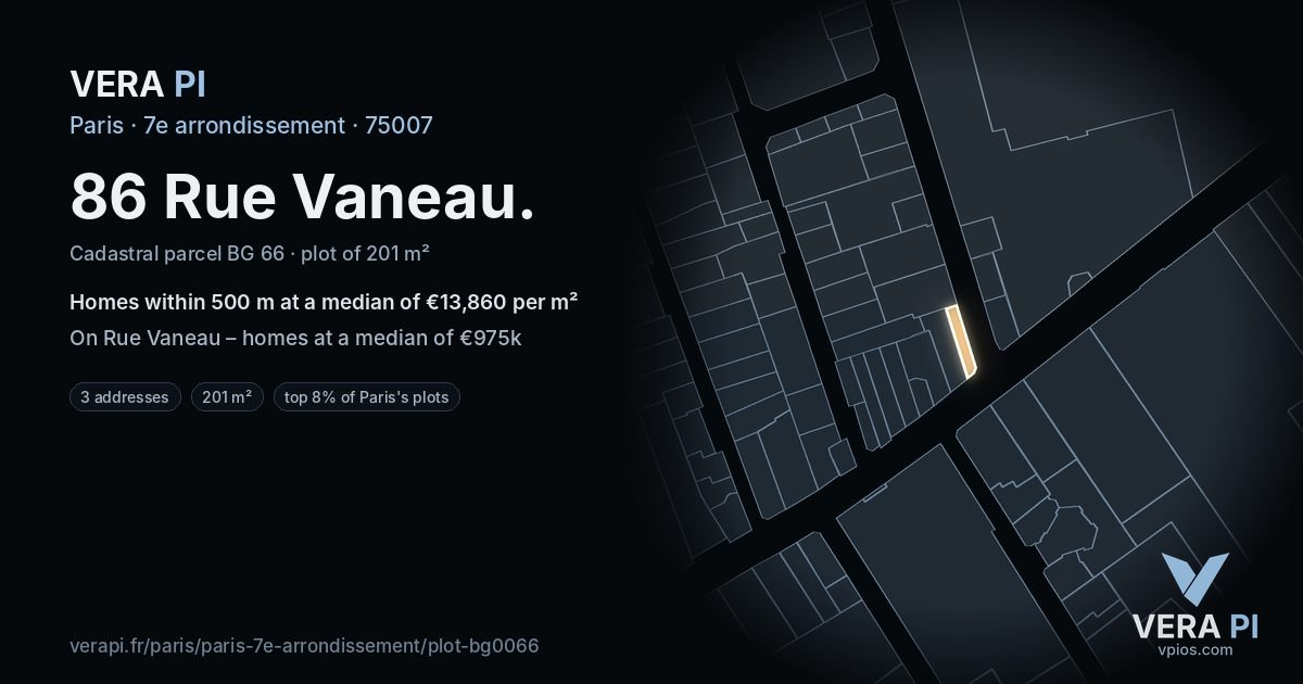86 Rue Vaneau, 7e arrondissement at night – the plot lit, the parcels around coloured by the prices near them