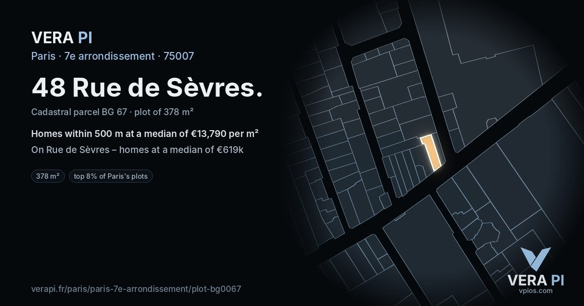48 Rue de Sèvres, 7e arrondissement at night – the plot lit, the parcels around coloured by the prices near them