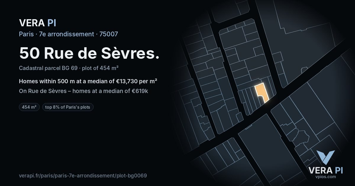 50 Rue de Sèvres, 7e arrondissement at night – the plot lit, the parcels around coloured by the prices near them