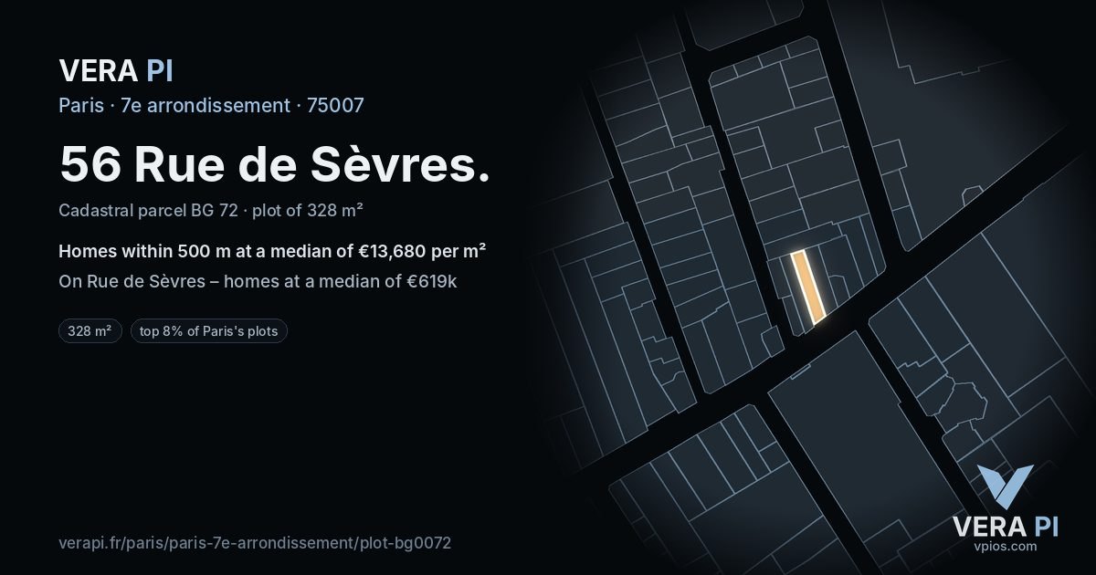56 Rue de Sèvres, 7e arrondissement at night – the plot lit, the parcels around coloured by the prices near them