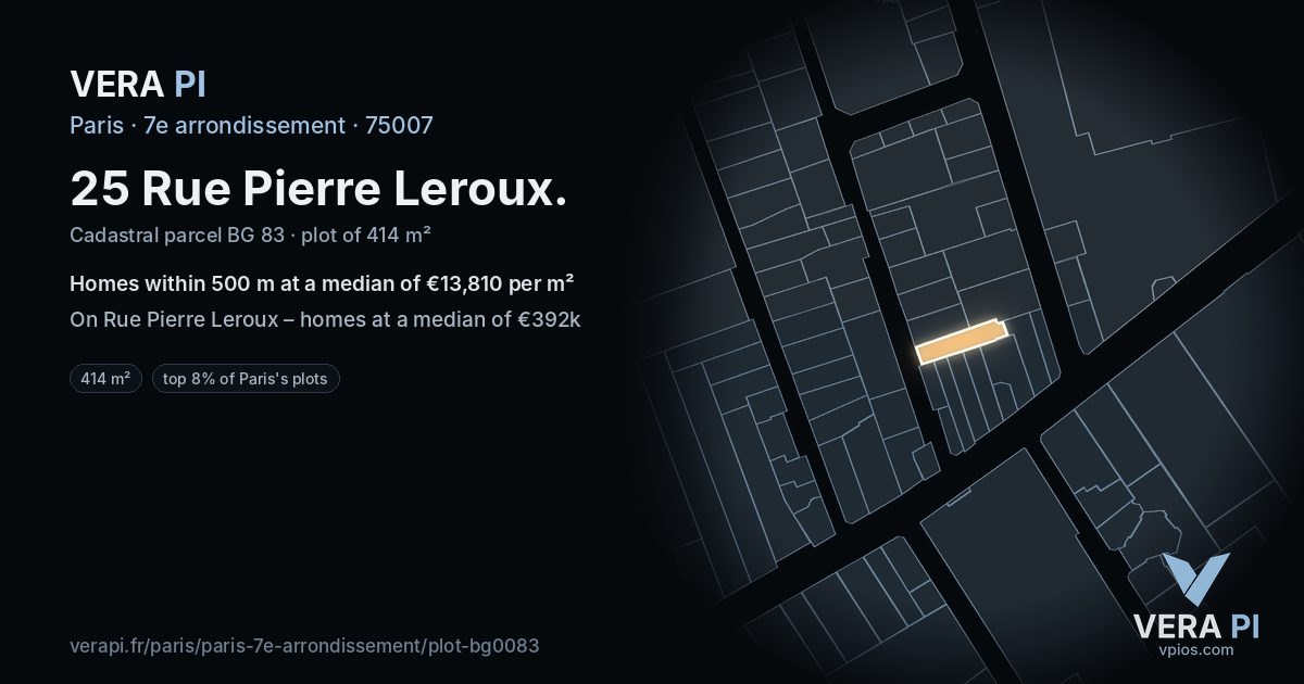 25 Rue Pierre Leroux, 7e arrondissement at night – the plot lit, the parcels around coloured by the prices near them