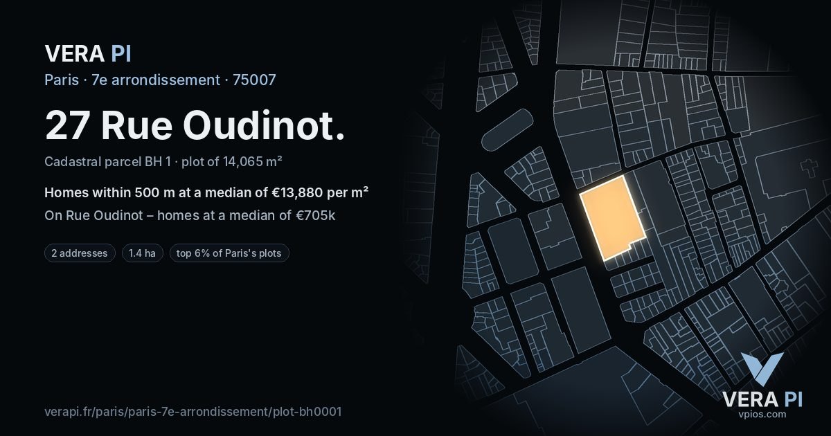 27 Rue Oudinot, 7e arrondissement at night – the plot lit, the parcels around coloured by the prices near them