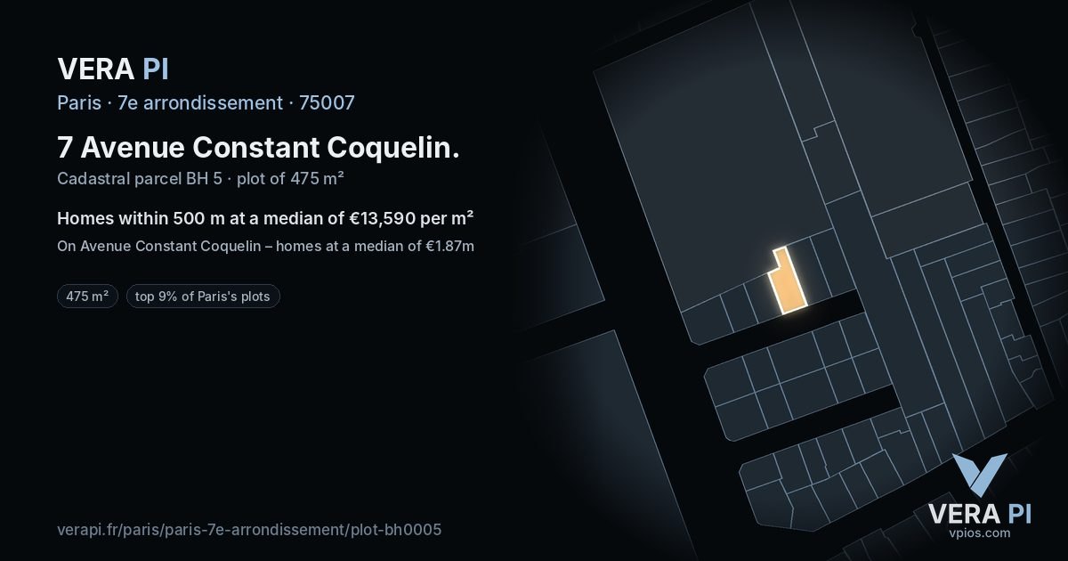 7 Avenue Constant Coquelin, 7e arrondissement at night – the plot lit, the parcels around coloured by the prices near them