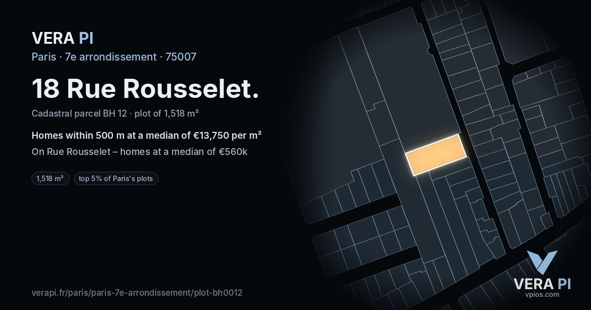 18 Rue Rousselet, 7e arrondissement at night – the plot lit, the parcels around coloured by the prices near them
