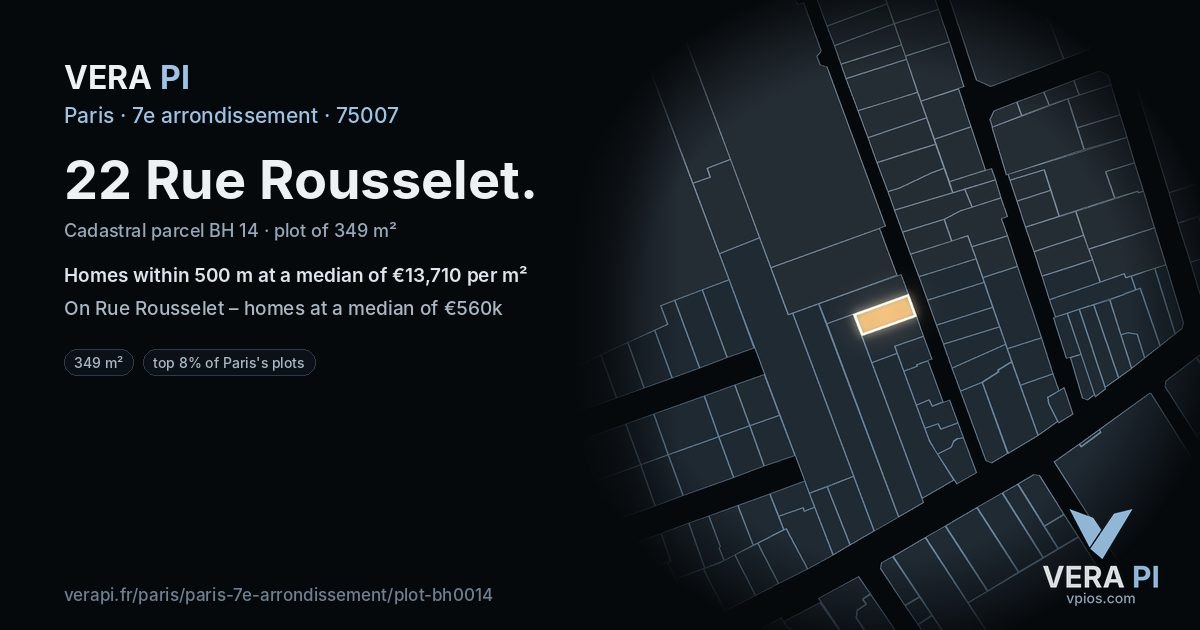22 Rue Rousselet, 7e arrondissement at night – the plot lit, the parcels around coloured by the prices near them