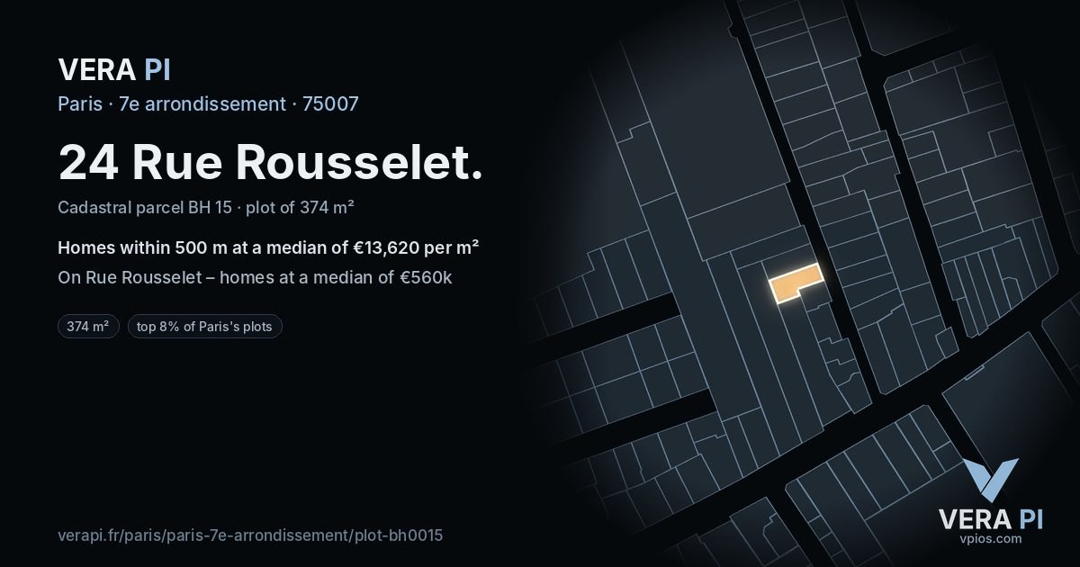 24 Rue Rousselet, 7e arrondissement at night – the plot lit, the parcels around coloured by the prices near them