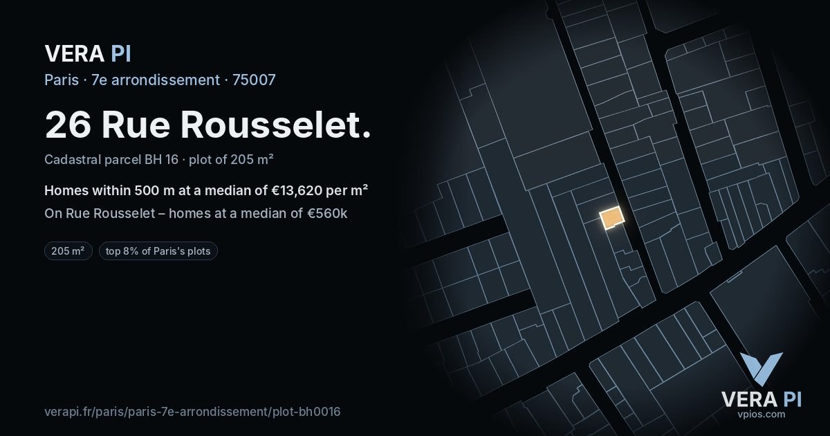 26 Rue Rousselet, 7e arrondissement at night – the plot lit, the parcels around coloured by the prices near them