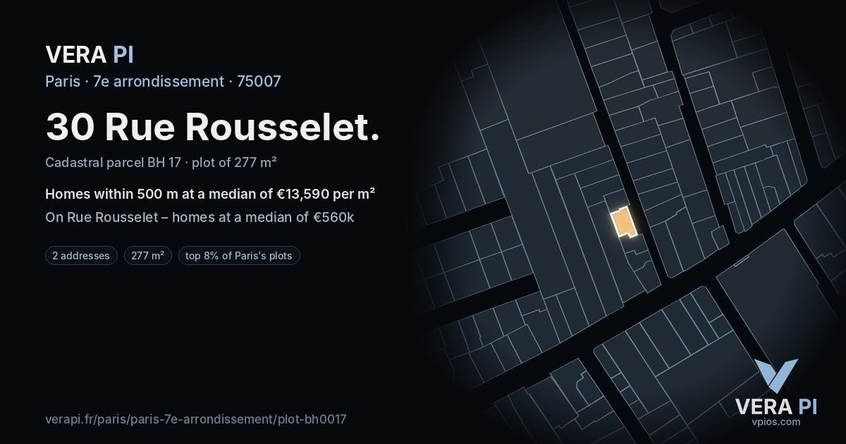 30 Rue Rousselet, 7e arrondissement at night – the plot lit, the parcels around coloured by the prices near them