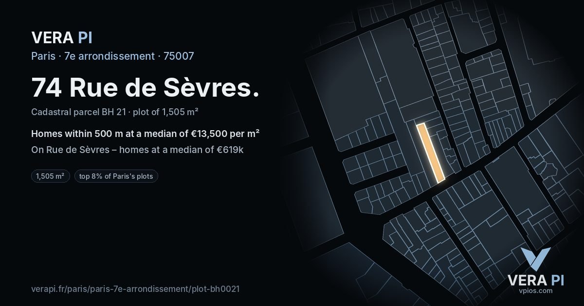 74 Rue de Sèvres, 7e arrondissement at night – the plot lit, the parcels around coloured by the prices near them