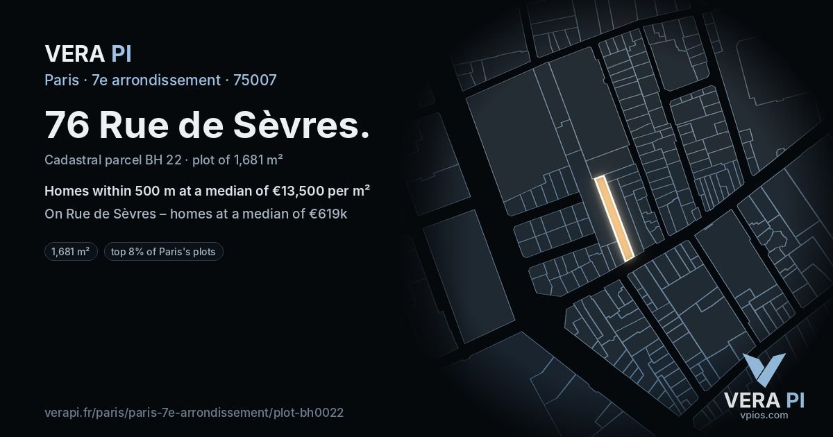 76 Rue de Sèvres, 7e arrondissement at night – the plot lit, the parcels around coloured by the prices near them