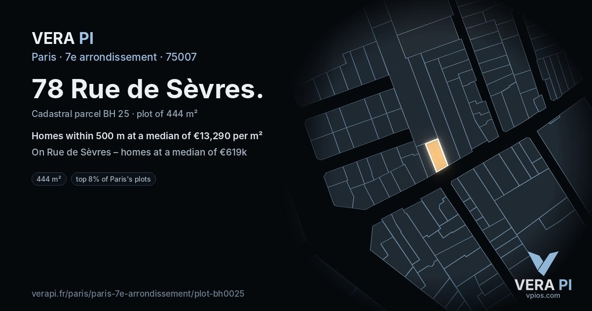 78 Rue de Sèvres, 7e arrondissement at night – the plot lit, the parcels around coloured by the prices near them
